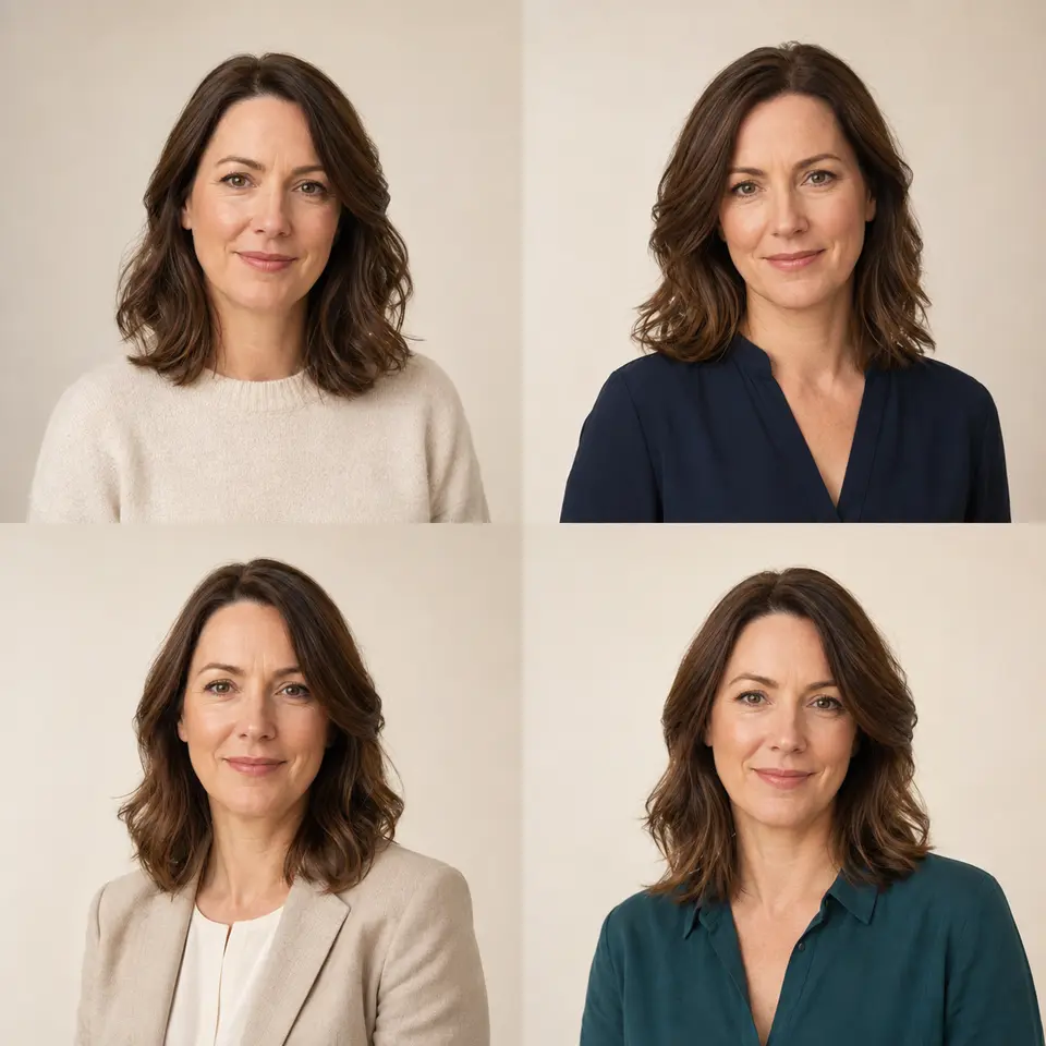 Four professional headshots showing the same woman